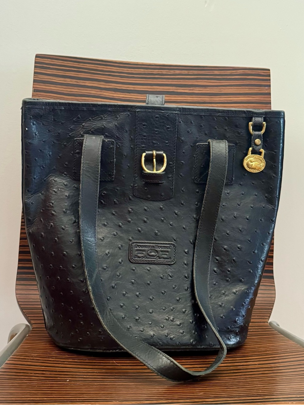 Dooney & Bourke Black Ostrich-Embossed Leather Shoulder Bag